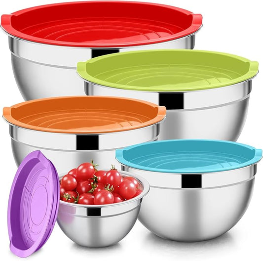 E-far Mixing Bowls with Lids Set of 5, Stainless Steel Mixing Bowls Metal Nesting Bowls with Airtight Lids, Non-toxic & Dishwasher Safe, Great for Cooking, Baking, Serving - Size 0.7/1/1.5/3/4.6QT by E-far