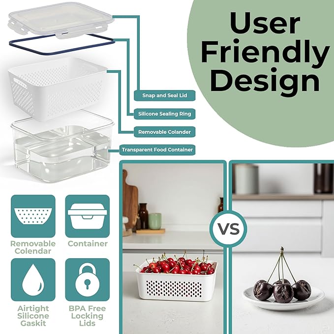 5 Pack Large Fruit Storage Containers for Fridge with Removable Colander-Plastic Food Storage Containers with Lids Airtight-Leak Proof Refrigerator Organizers and Storage of Vegetable -Produce Storage - Image 3
