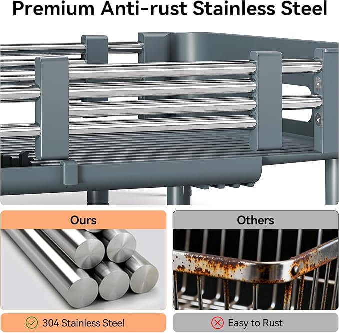 Urackify Stainless Steel Dish Drying Rack - Dish Drainer for Kitchen Counter, Extendable Drainboard with Foldable, Space-Saving Cup & Bowl Organizer, Includes Knife and Utensil Holder, Matte-Green - Image 8