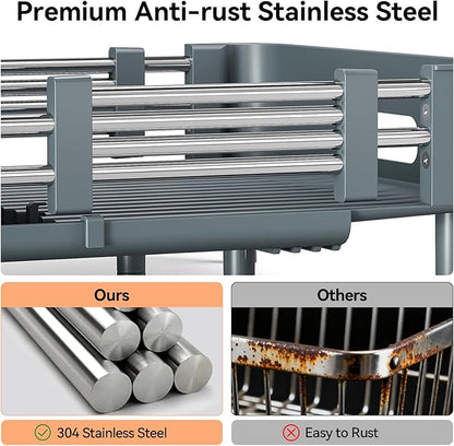 Urackify Stainless Steel Dish Drying Rack - Dish Drainer for Kitchen Counter, Extendable Drainboard with Foldable, Space-Saving Cup & Bowl Organizer, Includes Knife and Utensil Holder, Matte-Green - Image 8