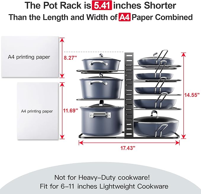 ORDORA Pots and Pans Organizer under Cabinet 14.55 Height, Adjustable 8-Tier Pot Organizers inside Cabinet, Kitchen Organizers and Storage Fit 6-11 inch Lightweight Cookware - Image 2