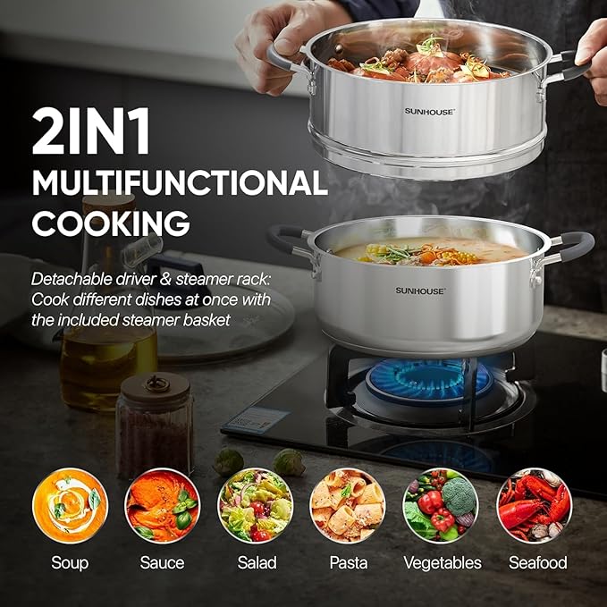 SUNHOUSE - 4.6 Quart Steamer Pots with Lid 2-Tier Multipurpose Stainless Steel Steaming Pot Cookware with Handle for Vegetable, Dumpling, Sauce, Food - Triple Bottom, Measurement Line - Image 2