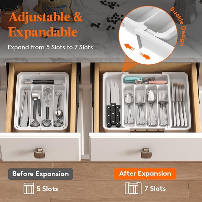 Lifewit Silverware Drawer Organizer, Expandable Utensil Tray for Kitchen, BPA Free Flatware and Cutlery Holder, Adjustable Plastic Storage for Spoons Forks Knives, 8.9-14.7 x 12.2", White - Image 2
