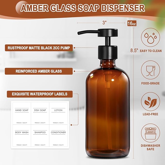 KASUNTING Amber Glass Soap Dispenser with Upgraded Flat Pump, Dish Soap Dispenser for Kitchen, Hand Soap Dispenser for Bathroom, Decorative Vase & Wood Riser Bathroom Decor(Amber02) - Image 3