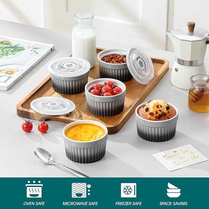 vancasso 6 oz Ramekins with Lid, Porcelain Creme Brulee Souffle Dishes,Set of 6, Grey Pudding Custard Cups Ramiken for Baking, Dishwasher and Oven Safe - Image 4