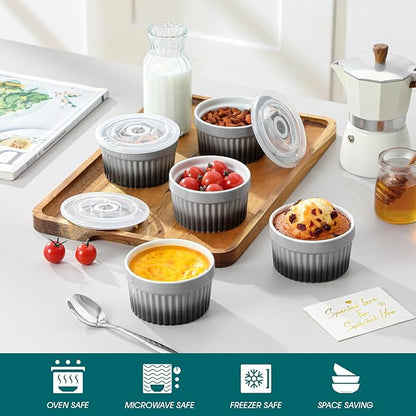 vancasso 6 oz Ramekins with Lid, Porcelain Creme Brulee Souffle Dishes,Set of 6, Grey Pudding Custard Cups Ramiken for Baking, Dishwasher and Oven Safe - Image 4