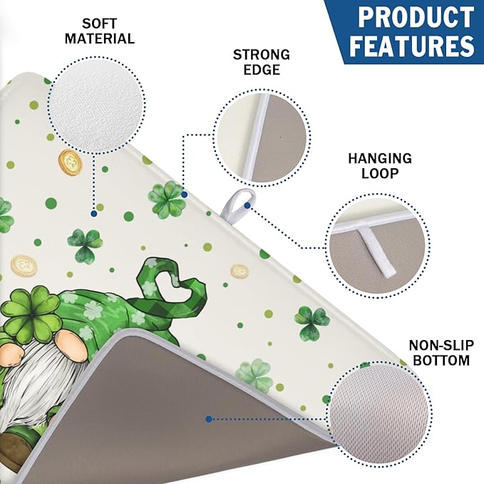 St Patrick's Day Gnome Dish Drying Mat for Kitchen Counter,Inch Lucky Shamrock Gold Coin Drying Mat 18 x 24 Inch with Absorbent Reversible Microfiber Dish Drying Pad for Coffee Bar - Image 3