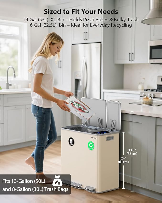 Lovewind Dual Trash Can, 14 + 6 Gallon Garbage Can for Kitchen Dual Compartment Recycling Kitchen Step Trash Bin, Stainless Steel Trash and Recycle Bin Combo with Soft-Close Lid, Apricot - Image 2
