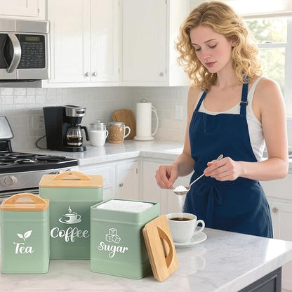 Maxdot 3 Set Coffee Sugar Tea Containers, Square Airtight Kitchen Canisters Storage Ground Organization with Bamboo Lids Rustic Metal Jars for Coffee Bar Beans, Tea Leaves, Food, Countertop(Turquoise) - Image 5
