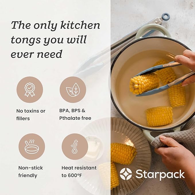 Starpack 'Get a Grip' Silicone Kitchen Tongs for Cooking (2Pcs) - BBQ Tongs for Grill Heat Resistant to 600°F - Stainless Steel Kitchen Utensils w/Non Stick Silicone Tips - 9",12" for Serving Food - Image 2
