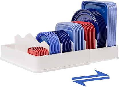 SWOMMOLY Expandable Food Storage Container Lid Organizer, Includes 6 Adjustable Dividers, 30 Preprinted and Blank Writable Labels, White by SWOMMOLY