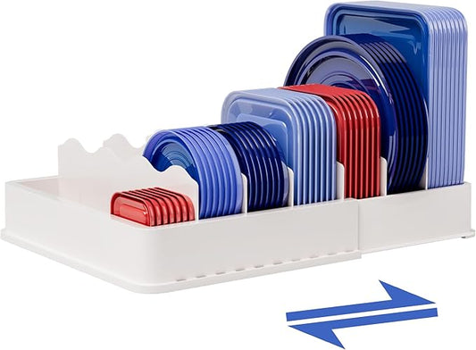 SWOMMOLY Expandable Food Storage Container Lid Organizer, Includes 6 Adjustable Dividers, 30 Preprinted and Blank Writable Labels, White by SWOMMOLY