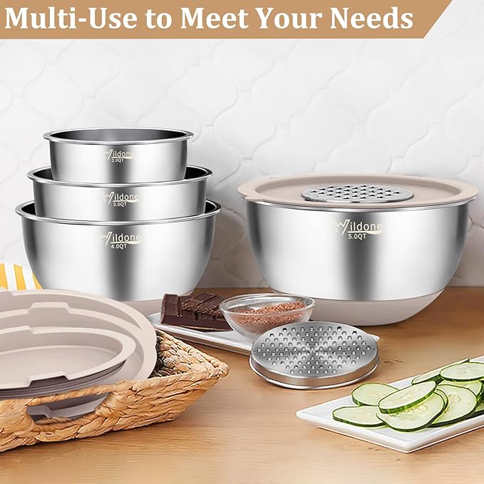 Wildone Mixing Bowls with Airtight Lids, 27 PCS Stainless Steel Nesting Bowls, with 3 Grater Attachments, Scale Mark & Non-Slip Bottom, Size 5, 4, 3, 2, 1.5, 1, 0.63QT, Ideal for Mixing & Prepping - Image 6