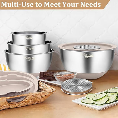 Wildone Mixing Bowls with Airtight Lids, 27 PCS Stainless Steel Nesting Bowls, with 3 Grater Attachments, Scale Mark & Non-Slip Bottom, Size 5, 4, 3, 2, 1.5, 1, 0.63QT, Ideal for Mixing & Prepping - Image 6