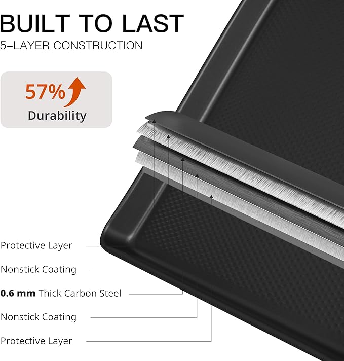 HONGBAKE Jelly Roll Pan 15x10, Cookie Sheets for Baking with Diamond Texture, Baking Sheets Non Stick, Non Toxic Oven Trays for Cooking, Heavy Duty 57% Thicker Carbon Steel, Dark Gray - Image 7
