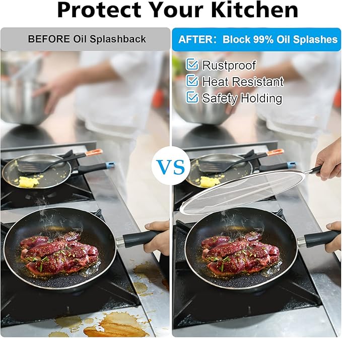 Splatter Screen for Frying Pan - 9.8" 11.4" 13" Stainless Steel Fine Mesh Grease Splatter Guard with Silicone Handle, Hot Oil Splash Guard for Cooking to Prevent Oil Splatter, Safe Cooking - Image 4