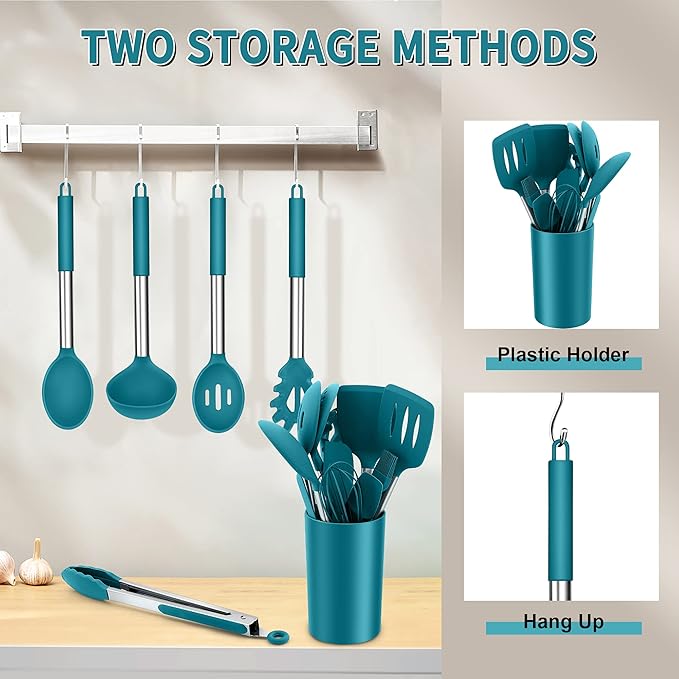 Silicone Cooking Utensils Set, E-far 14-Piece Blue Kitchen Utensils Set with Holder, Kitchen Tools Spatulas with Stainless Steel Handle for Non-stick Cookware, Heat Resistant & Dishwasher safe - Image 6