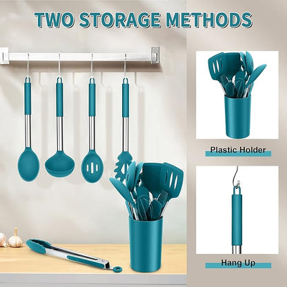 Silicone Cooking Utensils Set, E-far 14-Piece Blue Kitchen Utensils Set with Holder, Kitchen Tools Spatulas with Stainless Steel Handle for Non-stick Cookware, Heat Resistant & Dishwasher safe - Image 6