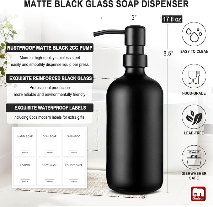 GMISUN Black Soap Dispenser, 2 Pack Matte Black Hand Soap Dispensers Bathroom with Stainless Steel Pump, 17 Fl Oz Glass Dish Soap Dispenser Set for Kitchen, Modern Liquid Soap Bottle with Labels - Image 3