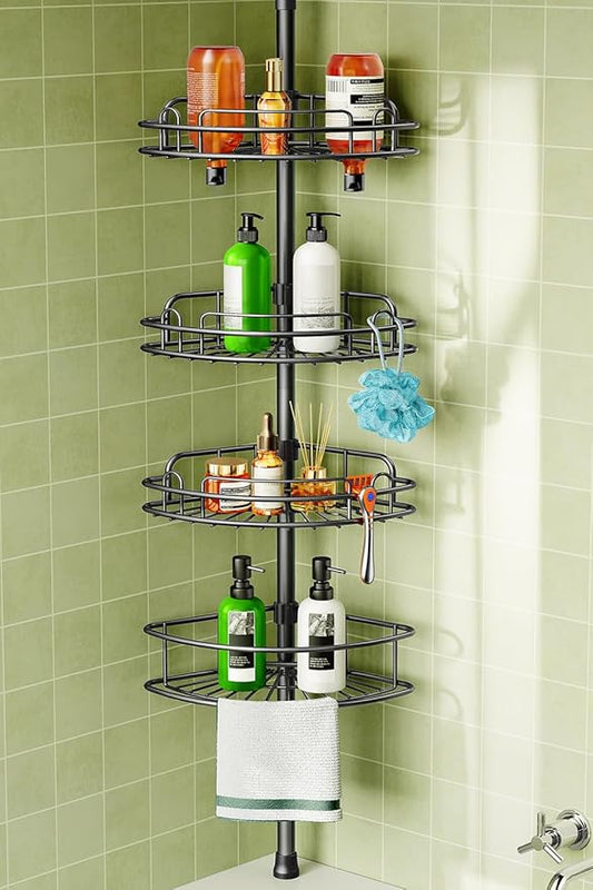 HAMITOR Corner Shower Caddy Tension Pole: 4-Tier Rust-Resistant Adjustable Bathroom Organizer Shelves - 47-121 Inch No-Drill Quick Installation - Space-Saving Storage for Renters Families - Black by HAMITOR