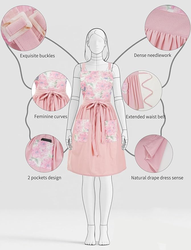 Pinknoke Vintage Pinafore Apron Dress for Women with Pockets Cute Floral Chef Aprons for Kitchen Cooking Baking Gardening - Image 4