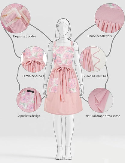 Pinknoke Vintage Pinafore Apron Dress for Women with Pockets Cute Floral Chef Aprons for Kitchen Cooking Baking Gardening - Image 4