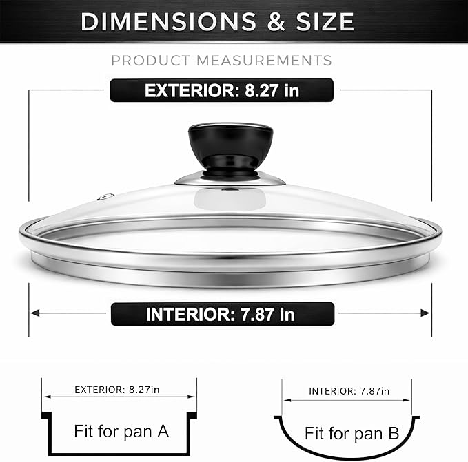 8 Inch Glass Lid for Frying Pan – Tempered Transparent Pot Lid with Stainless Steel Rim & Heat-Resistant Handle, Fits 8″ Skillet, Pan, Wok – Durable See-Through Cookware Cove