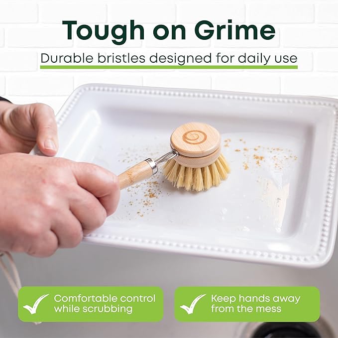 Tieralia Bamboo Dish Brush Set 5 Piece – Eco Friendly Kitchen Cleaning Kit with Bottle Brush, Long Dish Brush, Palm Scrubber & 2 Plant-Based Sponges | Plastic-Free Natural Dish Scrubber - Image 6
