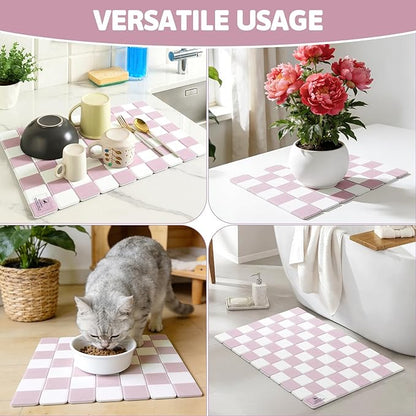 Yamaziot Stone Drying Mat for Kitchen Counter, 16"x12" Small Foldable Ultra Absorbent Stone Drying Mat, Quick-Dry Diatomaceous Earth Mat, Non-Slip Heat Resistant Mat for Dishes, Cups, Bottles, Pink