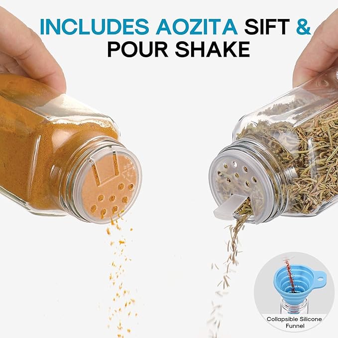 AOZITA 24 Pcs Glass Spice Jars with Labels - 4oz Empty Square Spice Bottles Containers, Condiment Pot, Shaker Lids and Airtight Metal Caps - Silicone Collapsible Funnel - Image 4
