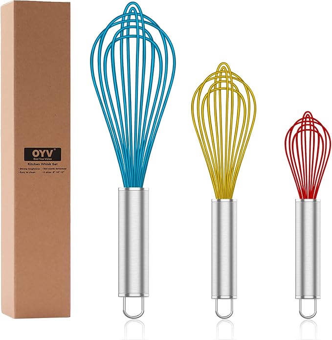 OYV Whisk,Sturdy Stainless Steel Wires Coated in Professional Silicone,3 Pack Whisks for Cooking,Mini Whisk,Colored Balloon Egg Beater for Blending,Whisking,Beating,Stirring,Cooking,Baking (Multi) by OYV