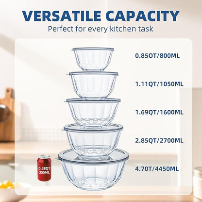 Luvan 5-Piece Glass Mixing Bowls Set with Lids - Clear Salad Bowls with Lids Set, Diamond Pattern Large Glass Mixing Bowl for Baking Prep, Serving & Storage - Image 3