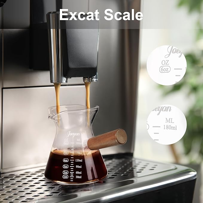 Joeyan 6 oz Glass Measuring Cup with Double Spouts,Clear Borosilicate Espresso Shot Glasses with Wooden Handle,Milk Creamer Frothing Pitcher Barista Coffee Carafe - Image 3