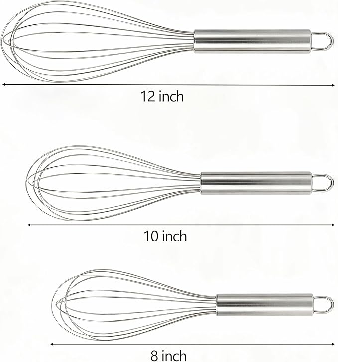 Stainless Steel Whisk Set, 3 Sizes (8", 10", 12") Kitchen Whisks for Cooking, Balloon Wire Whisk for Mixing, Whisking, Beating, Blending, Egg Beater, Baking, Whipping Cream, Frothing Milk
