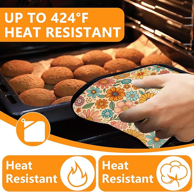Boho Floral Oven Mitts and Pot Holders Sets 4Pcs,Extra Long Oven Gloves Potholder for Kitchen Cooking Baking BBQ 100% Cotton Heat Resistant - Image 4