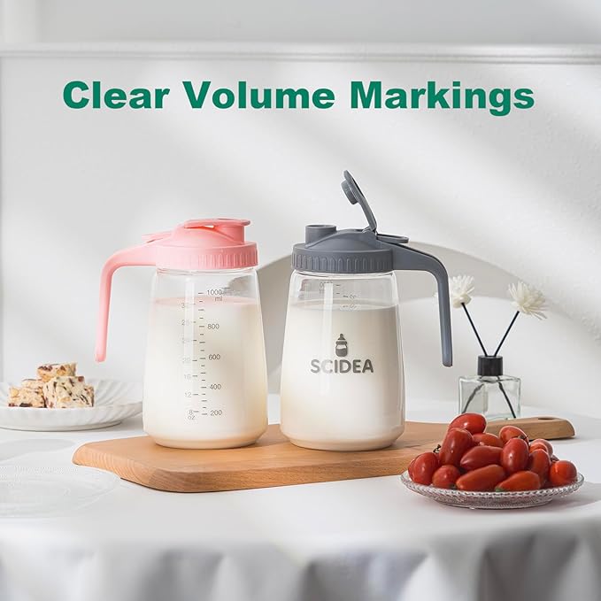 32oz Glass Pitcher with Lid, Heat & Cold Resistant, Leak-Proof Wide-Mouth Milk Fridge Storage Container, High borosilicate glass, Mason jar for Coffee, Iced tea, Milk, Food Storage, Pink - Image 3
