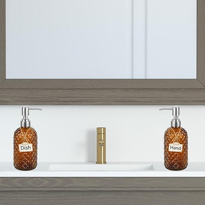 16 oz Diamond Pattern Glass Soap Dispenser, Kitchen and Bathroom Refillable Soap Dispenser with Rust Resistant Stainless Steel Pump for Hand Soap, Lotion Glass Liquid Dispenser(Amber-2pack) - Image 2
