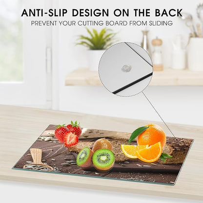 JAMBALAY Tempered Glass Cutting Board, 10"x14" for Kitchen Dishwasher Safe with Rubber Feet, Scratch Resistant, Heat Resistant, Shatterproof, Bread Pattern