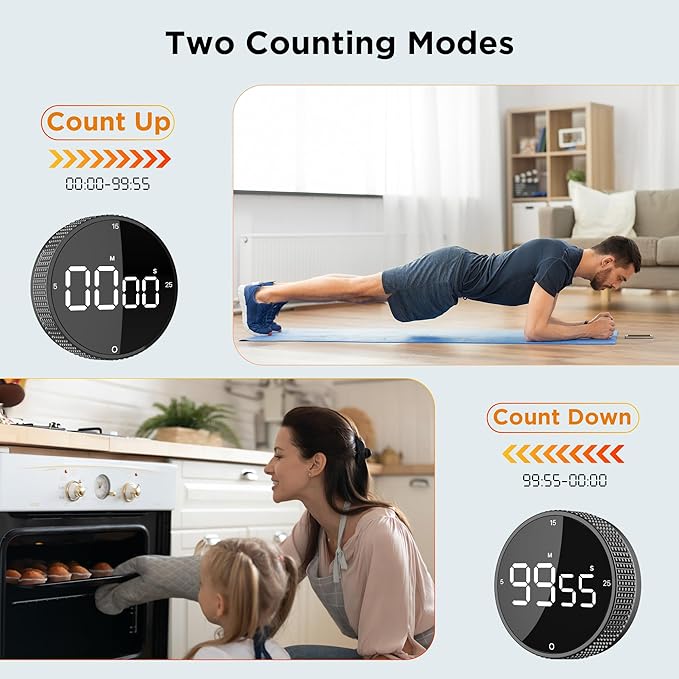 Upgrade Digital Kitchen Timer - Magnetic Countdown Countup Visual Pomodoro Timer with Large LED Display, 3-Preset Times (5, 15, 25), 3 Volume Levels, Ideal for Cooking, Baking and Fitness (1, Black) - Image 6