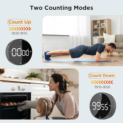 Upgrade Digital Kitchen Timer - Magnetic Countdown Countup Visual Pomodoro Timer with Large LED Display, 3-Preset Times (5, 15, 25), 3 Volume Levels, Ideal for Cooking, Baking and Fitness (1, Black) - Image 6