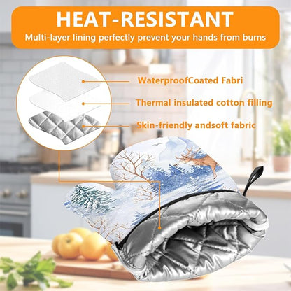 Deer Mitts and Pot Holders Sets 4Pcs,Extra Long Oven Gloves Potholder for Kitchen Cooking Baking BBQ 100% Cotton Heat Resistant - Image 3