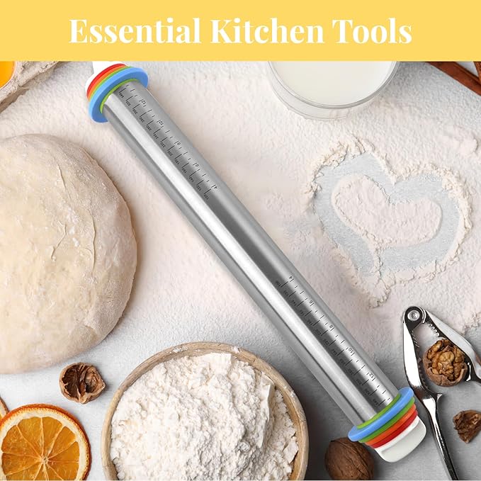 Adjustable Rolling Pin with 4 Thickness Rings for Baking, 17” Stainless Steel Dough Roller with Clear Measurement Markings for Pizza, Fondant, Pie, Cookies, Baking Supplies, Pastry, Pasta - Image 7