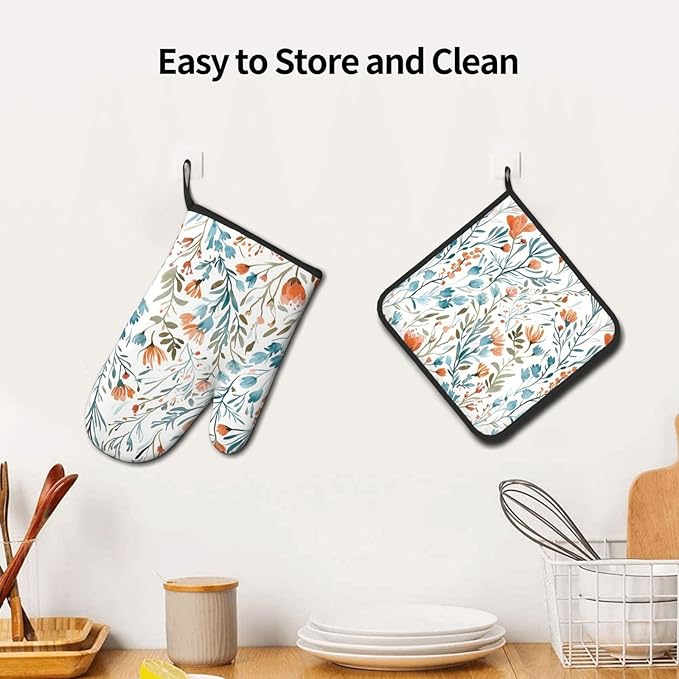 Teal Orange Watercolor Floral Oven Mitts and Pot Holders Sets of 3, Heat Resistant Non-Slip Washable, Chef Cooking Baking Gifts for Women Bakers, Burnt Orange Blue Green Flowers Charming Kitchen Decor - Image 5