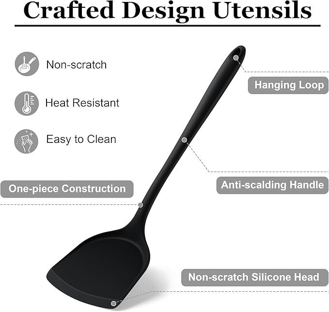 LIANYU 8Pcs Cooking Utensils Set, Heat Resistant Kitchen Utensils, Silicone Utensils Spatula Set for Nonstick Cookware with Spatula, Ladle, Turner, Spoon, Dishwasher Safe, Black - Image 4