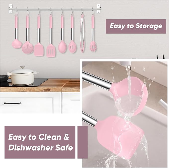 TeamFar Kitchen Utensils Set of 8, Silicone Utensils Kitchen Tools Set with Stainless Steel Handle, for Frying Serving Flipping Draining, Non-toxic & Heatproof, Nonstick & Dishwasher Safe - Pink - Image 6