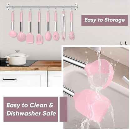 TeamFar Kitchen Utensils Set of 8, Silicone Utensils Kitchen Tools Set with Stainless Steel Handle, for Frying Serving Flipping Draining, Non-toxic & Heatproof, Nonstick & Dishwasher Safe - Pink - Image 6