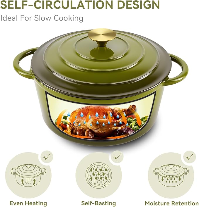 Miereirl 4.5 Quart Enameled Dutch Oven Pot with Lid, Cast Iron Dutch Oven with Dual Handles for Bread Baking, Cooking, Non-stick Enamel Coated Cookware, Golden Green - Image 7
