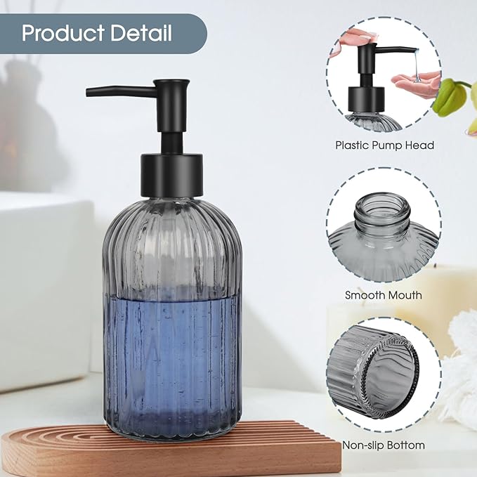 Topsky Glass Soap Dispenser with Plastic Pump, 400ml Liquid Hand Soap Dispenser, Rustproof Pump for Kitchen & Bathroom, Great for Lotions, Essential Oil, Liquid Soaps,Gray - Image 3