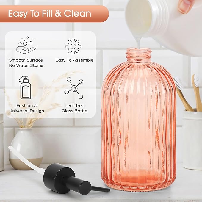 Topsky Stripe Glass Soap Dispenser with Black Plastic Pump, 400ml Liquid Hand Soap Dispenser, Rustproof Pump for Kitchen & Bathroom, Great for Lotions, Essential Oil, Liquid Soaps-Pink Orange - Image 2