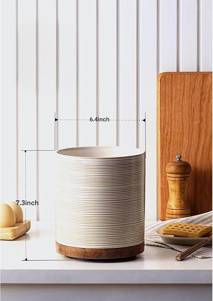 Utensil Holder, 360° Rotating Extra Large Ceramic Kitchen Utensil Holder for Countertop, 7.3“ Cooking Utensil Crocks for Kitchen Counter with Rotatable Wooden Base, Farmhouse Decor, Arctic White - Image 4